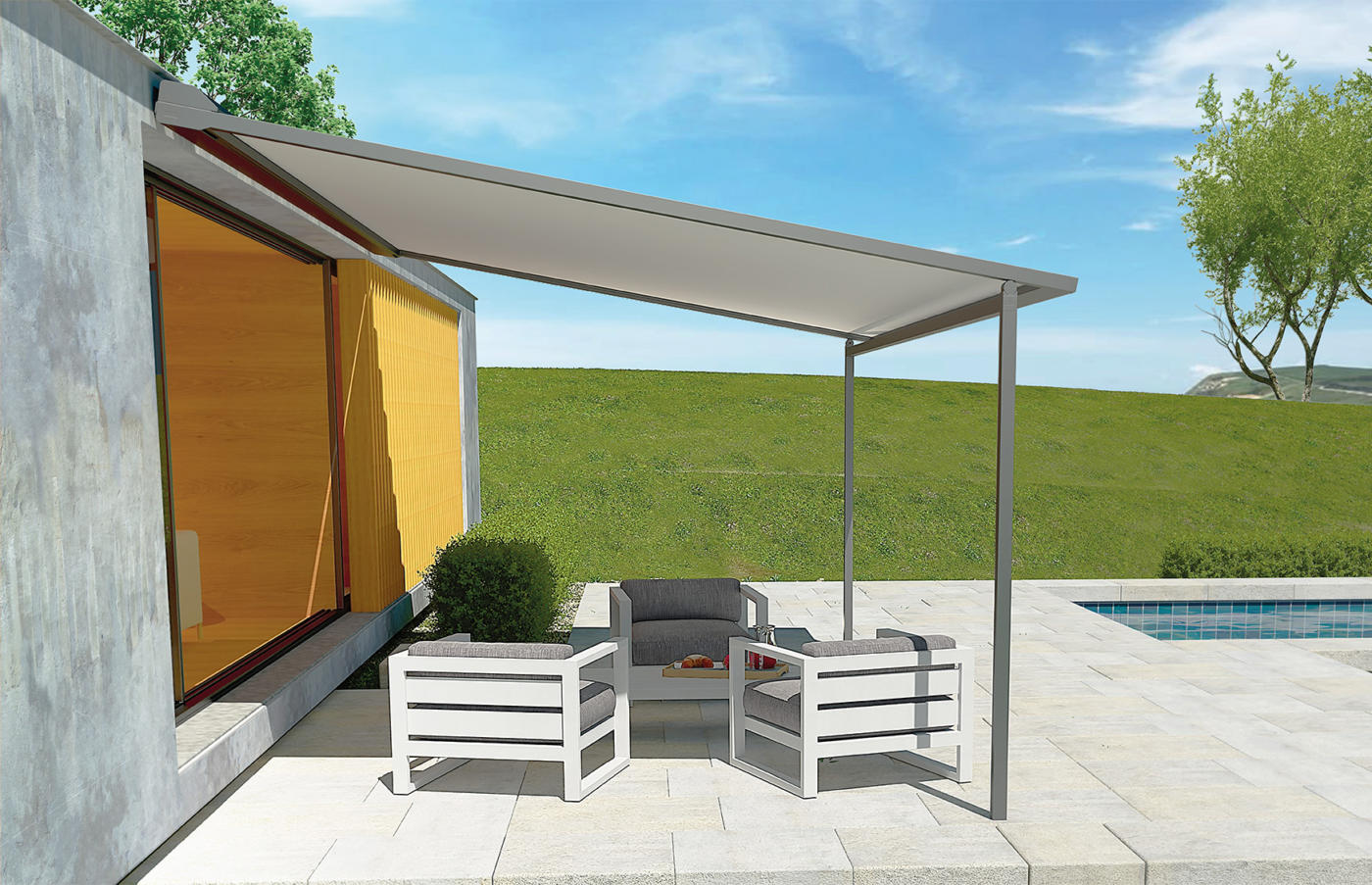 Pergola Toile Rétractable Étanche 4 Poteaux Micro-Perforée Électrique